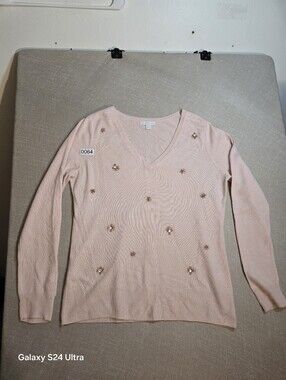 New York & Co Pink V-Neck Sequin Jeweled Bead Accents Long Sleeve  Soft Pink